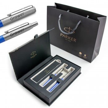 Parker Jotter Originals mėlynos spalvos plunksnakočių rinkinys elegantiškoje dovanų dėžutėje su graviravimu