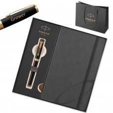 Parker Sonnet Black Lacquer GT (M) plunksnakotis dovanų rinkinys su graviūra / užrašų knygutė ir krepšelis