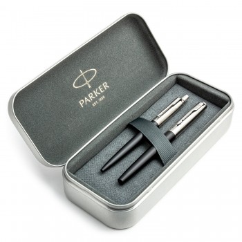 Parker Jotter Bond Street Black CT plunksnakočio ir tušinukų rinkinys metalinėje dėžutėje