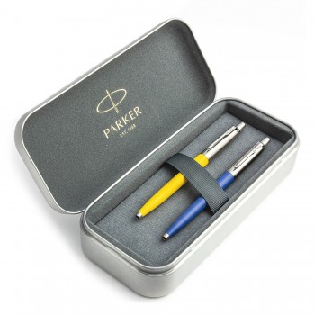 Parker Jotter Originals Yellow ir Blue Tušinukų dovanų rinkinys su metaliniu dėklu