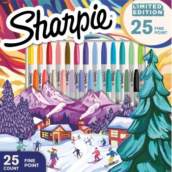 Sharpie smulkūs mišrių spalvų permanentiniai žymekliai 25 vnt. SPECIALUS ŠVENTINIS EDICIONAS 2025 + Pinigų dėžutė Vienaragis
