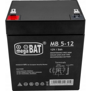 AGM „MegaBat 5-12“ 12 V 5 Ah akumuliatorius, skirtas signalizacijai, UPS, kasos aparatams ir stebėjimo sistemoms