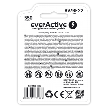 EverActive 6F22/9V ličio jonų akumuliatorius 9V 550 mAh su USB TYPE C