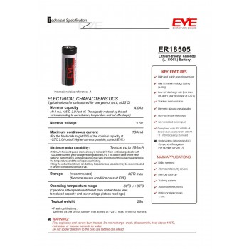 EVE ER18505S 3,6 V 4000 mAh ličio akumuliatorius - A, LiSOCl2, LS17500, XL-100F, ER17500V, ER17/50