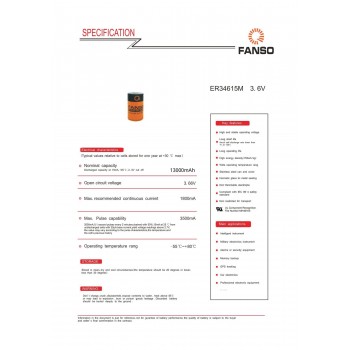 "FANSO ER34615M" 3,6 V 13000 mAh ličio akumuliatorius - LiSOCL2, D, LSH20, SB-D02/TC, SL-780/S, TL-4930, TL-5930